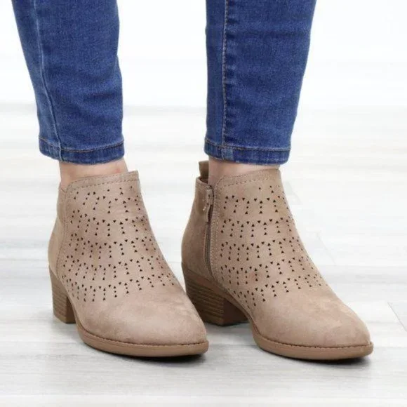 Boho Ankle Boots Taupe Suede Booties Low Heel Laser Cut Design With Zipper - Picture 8 of 11